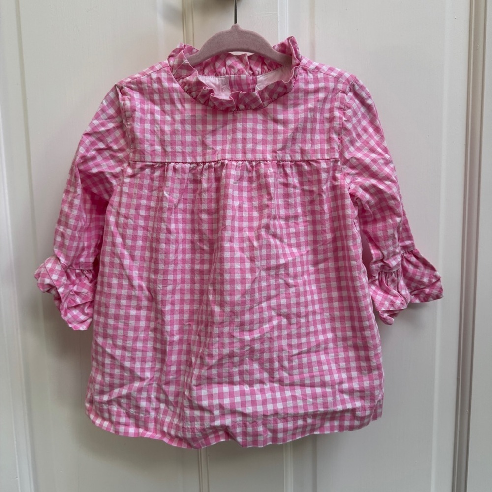 Janie And Jack Girls Size 4 Pink & White Checkered 3/4 Sleeve Ruffle Blouse